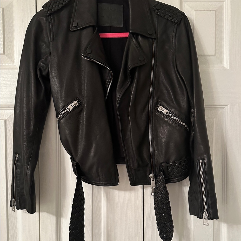 All Saints Black Leather Moto Jacket with Silver Zipper Details